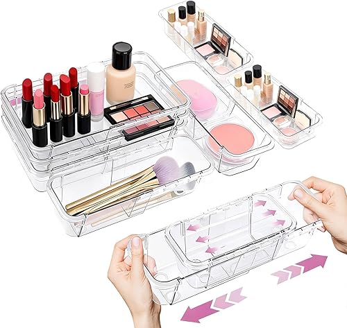 Organizador de cajones transparente extensible, caja de almacenamiento de tocador ajustable, organizador de cajones de escritorio de 2 tamaños,