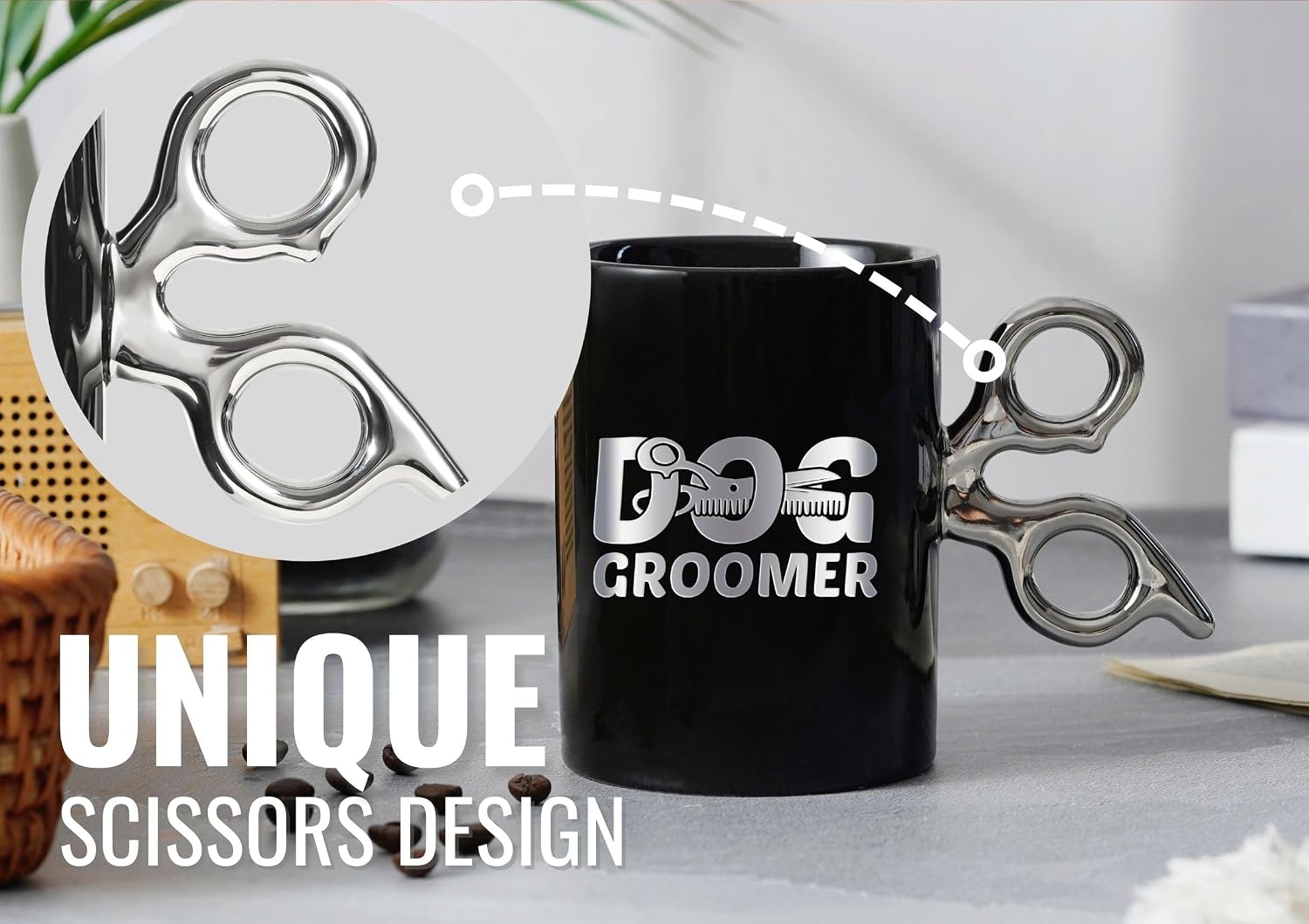 Onebttl Dog Groomer Gifts for Men Women, 13.5oz/400ml Novelty Coffee Mug with Scissors Handle for Birthday Christmas Gifts
