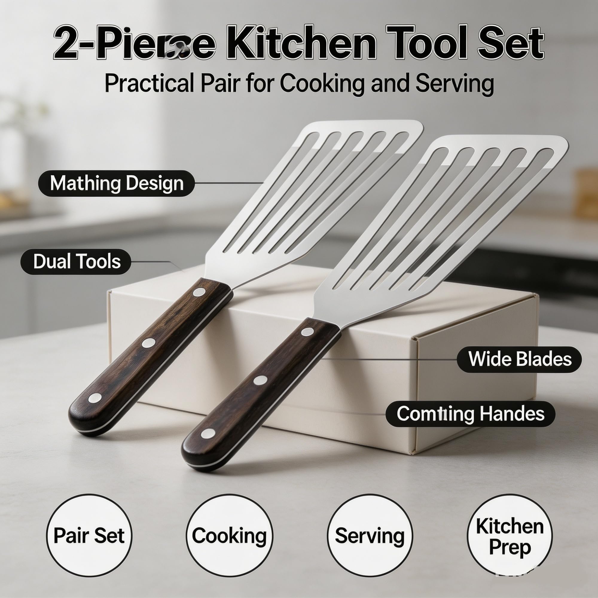 Genérico Paquete de 2 espátulas for Pescado de Acero Inoxidable | Volteadores ranurados de acero inoxidable con mangos de madera for uso en plancha y sartén.(4pc fish spatula)