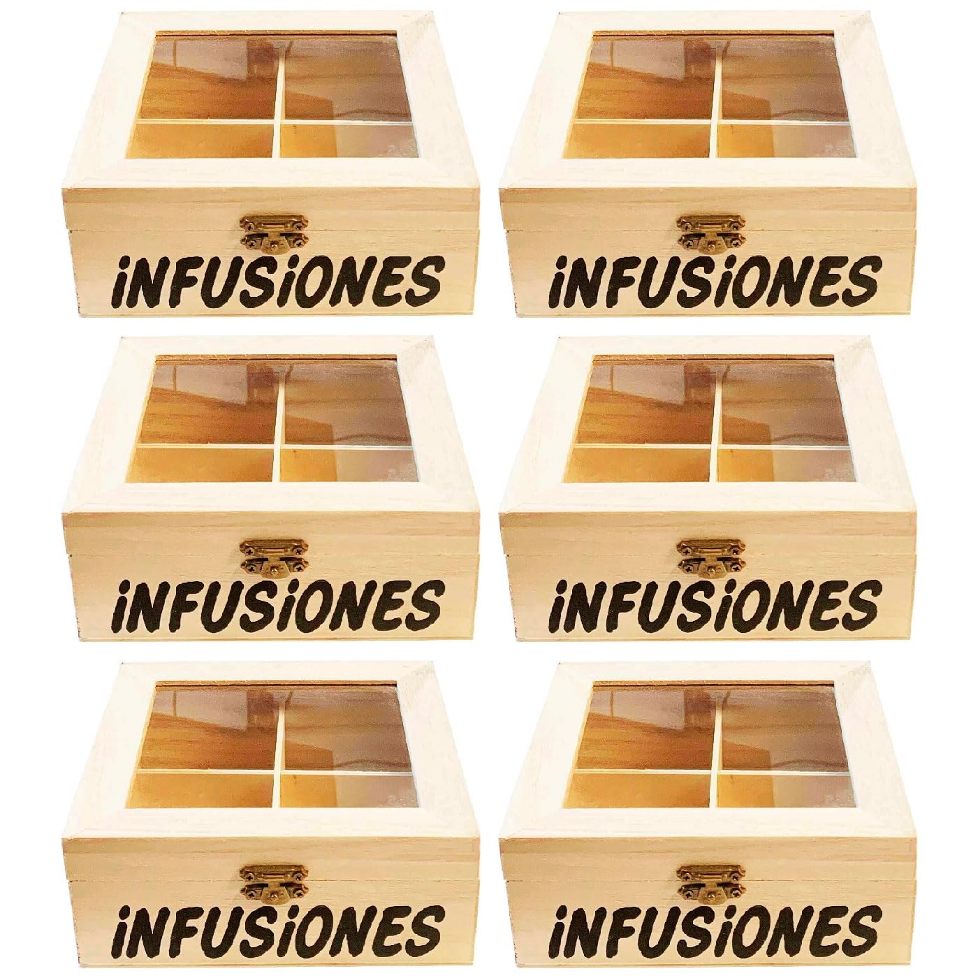 Tradineur - Pack de 6 Cajas de Madera infusiones con 4 Compartimentos 6.4 x 15.8 x 14 cm. Caja, Cofre para Decorar con Tapa, almacenaje té, café