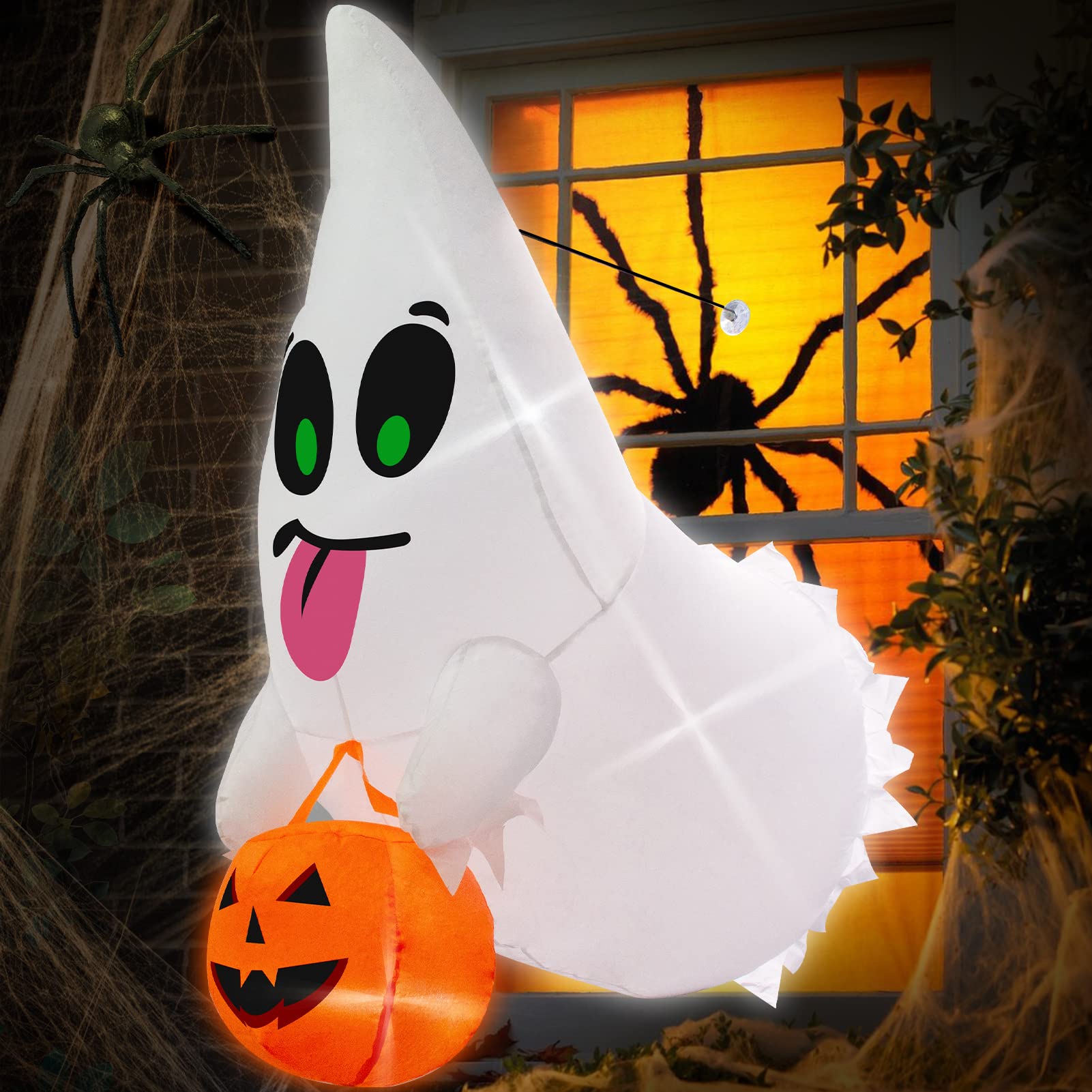FastDeng 4FT Halloween Inflatable Ghost Broke Out from Window with Pumpkin, Hanging Window Ghost with Build-in LED Lights, Upgraded Motor Blow Up Yard Decor, Indoor Outdoor Halloween Party Lawn Decor