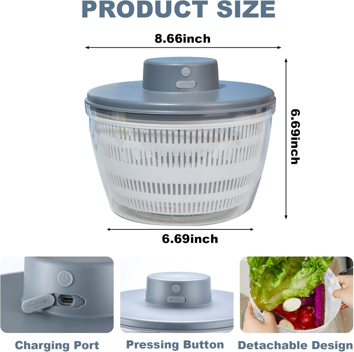 Electric Salad Spinner 4.9 Qt Large Capacity Lettuce Spinner with Salad Bowl and Colander Salad Dryer Washer Mixer Drainer Efficiency Kitchen gadgets for Greens, Fruits, Vegetables, Berries (Gray)