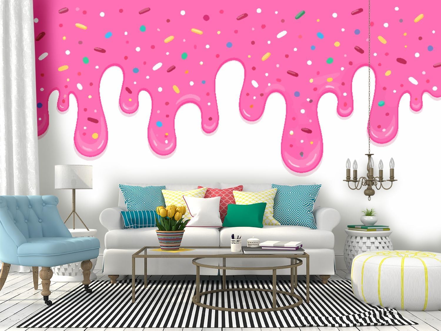 Wallpaper Canvas Print Pink ice cream melted with colorful cute candy sprinkles long border Self Adhesive Peel & Stick Wallpaper Wall Mural Wall Decal Wall Sticker Poster Home Craft for Living Room