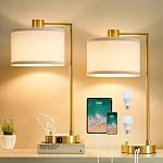23" Table Lamp for Bedroom Set of 2 with USB C+A Ports, Fully Stepless Dimmable Bedside Lamp with Linen Lampshade, Contemporary Lamp for Living Room Reading Office, 2 LED Bulbs Included (Black)