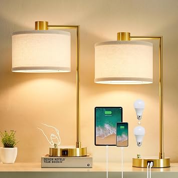 Luvkczc Table Lamp for Bedroom Set of 2 with USB C+A Ports, Fully Stepless Dimmable Bedside Lamp with Linen Lampshade, Nightstand Lamp for Living Room Reading Office, 2 LED Bulbs Included Gold