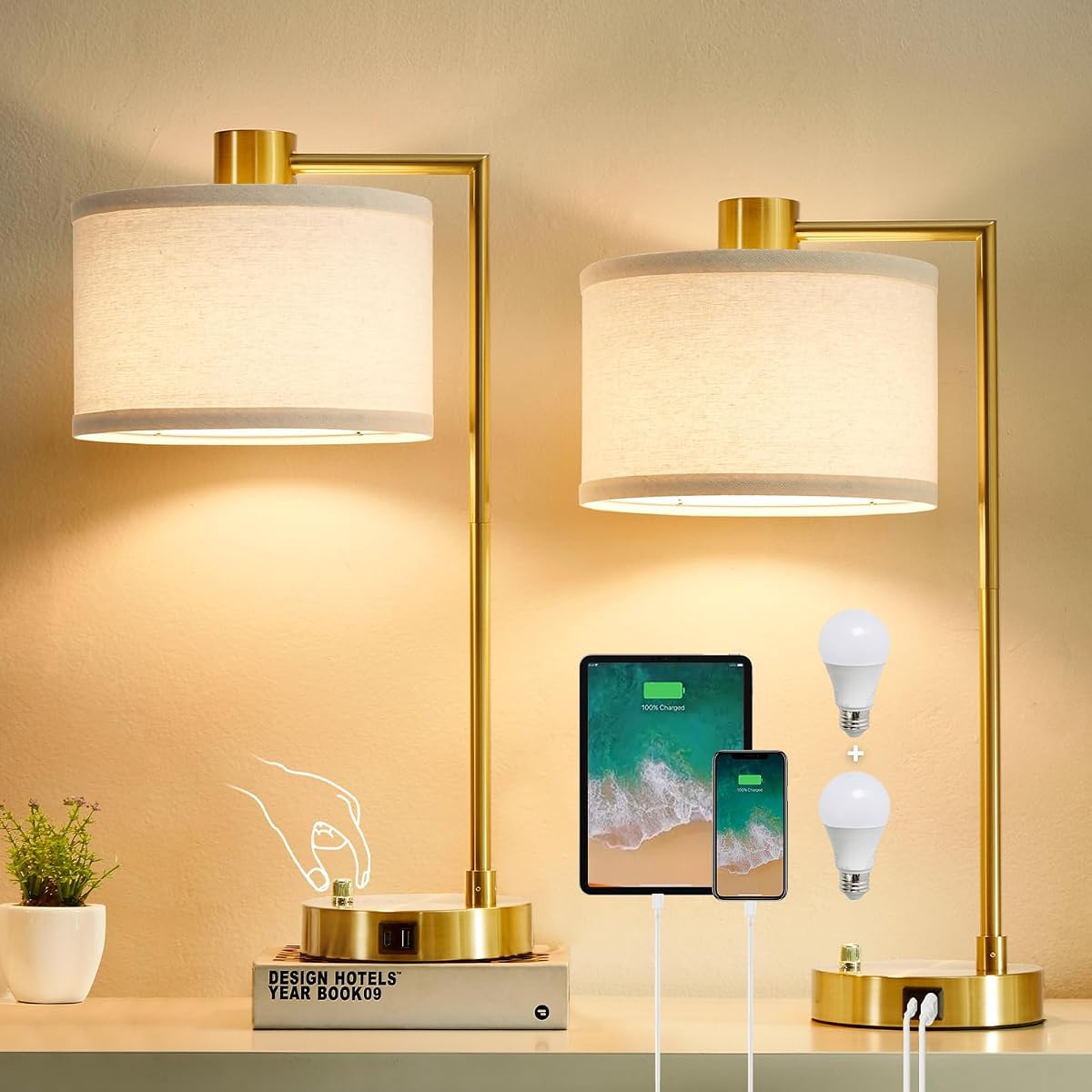 Luvkczc Table Lamp Set of 2, Fully Dimmable with USB C+A Ports, Gold, Includes