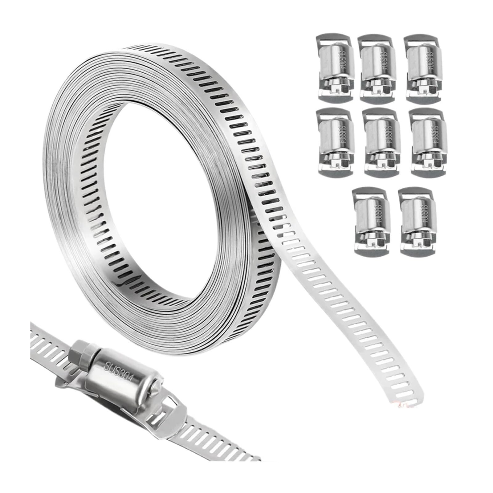 1set Hose Clamp Strap Screw Band Adjustable Worm Gear Clip with Fasteners Pipe Ducting with 8 Hoop Head for Tube