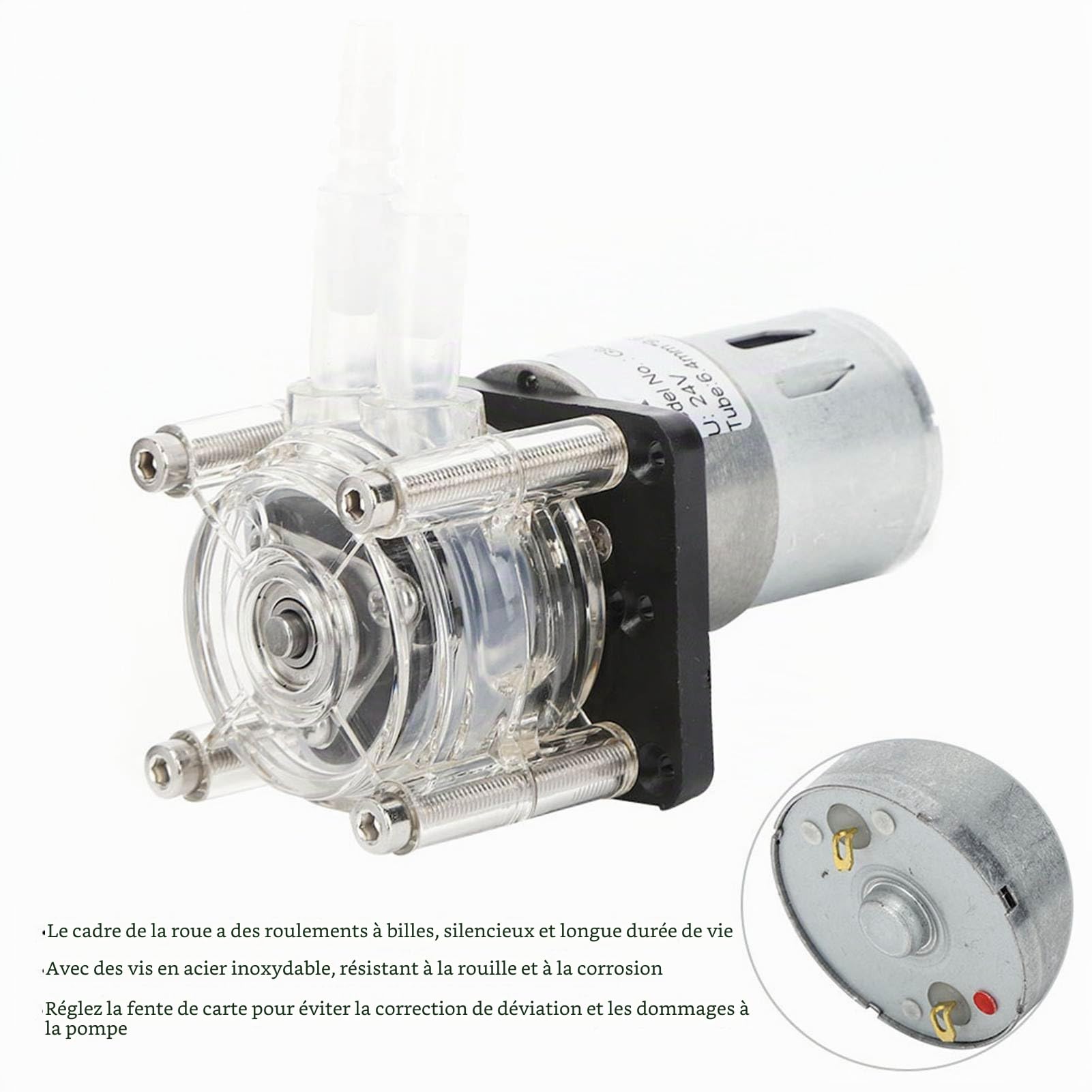 Pompe Péristaltique DC 24V, 500ml/min, Haut Débit, Moteur à Engrenages, Tube Silicone 6,4x9,6mm, pour Aquarium et Laboratoire