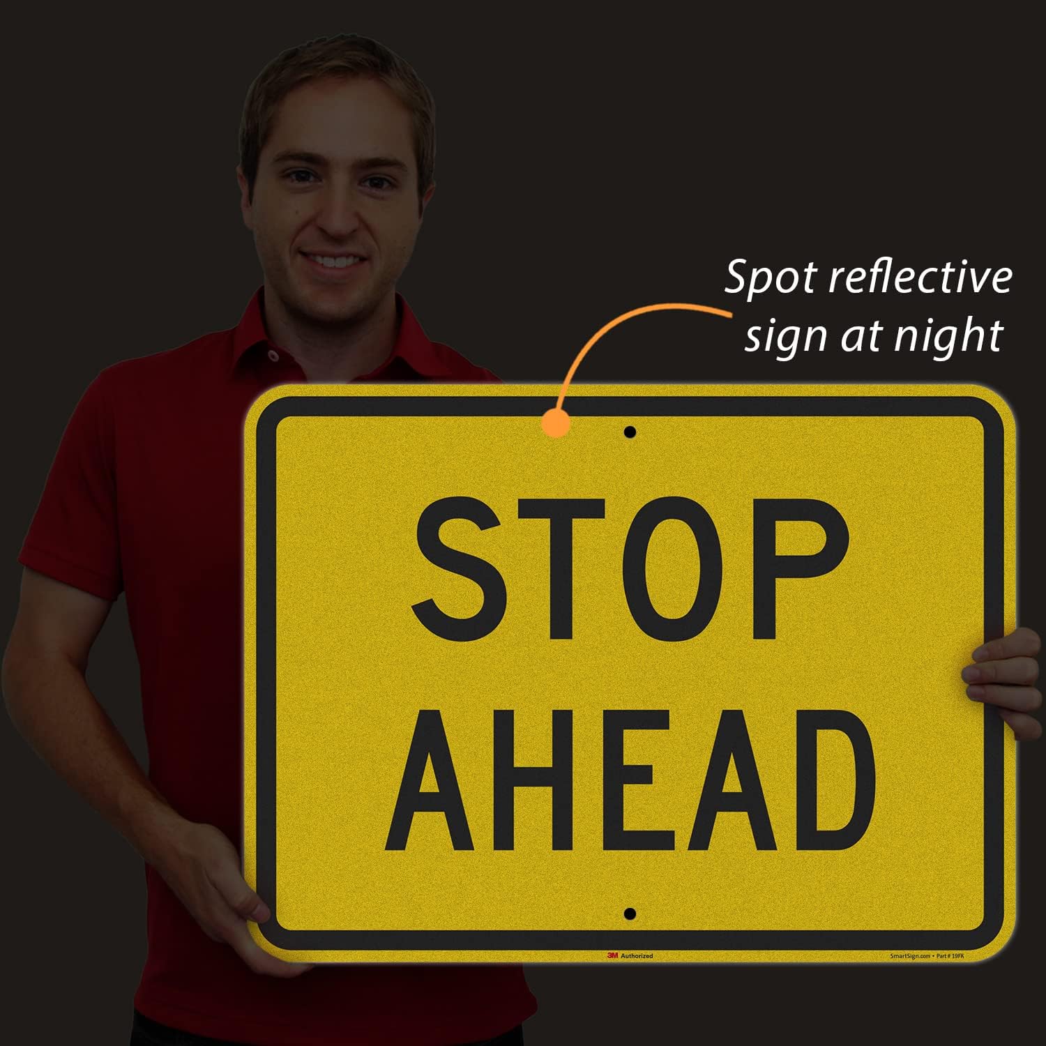 SmartSign 18 x 24 inch “Stop Ahead” Metal Sign, 80 mil Aluminum, 3M Laminated Engineer Grade Reflective Material, Black, Silver and Yellow, Made in USA