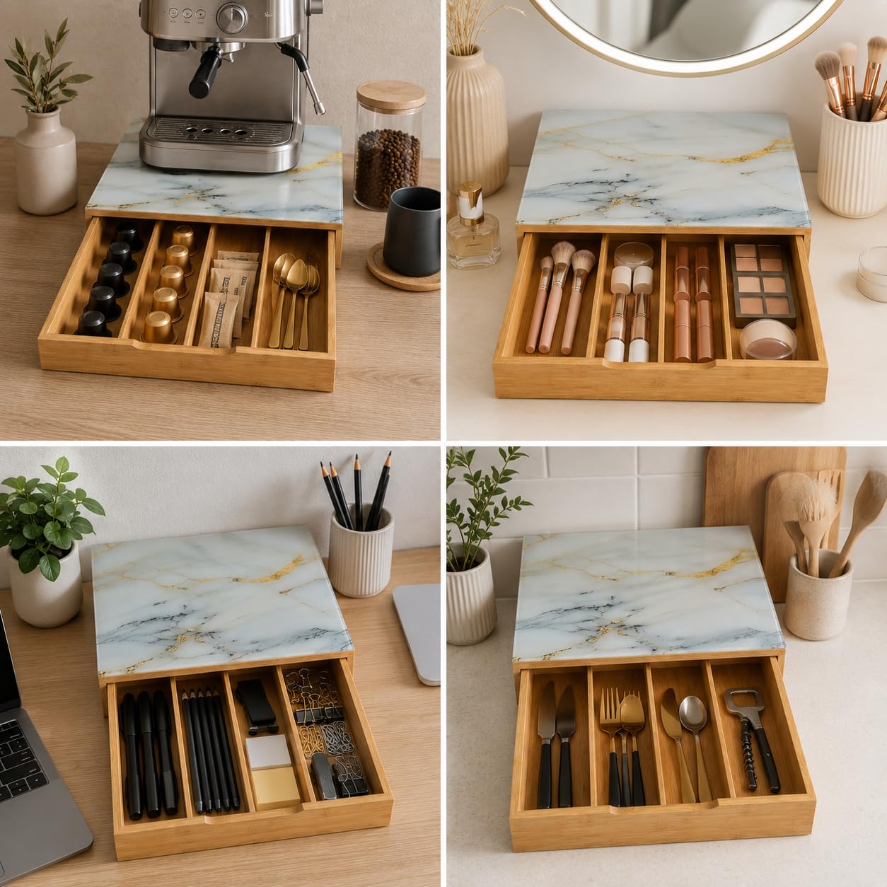 Cassetto Portacapsule in Bamboo con Piano in Vetro Effetto Marmo – Organizer Capsule Caffè 4 Scomparti, Porta Capsule e Cialde, Salvaspazio per Cucina e Coffee Station