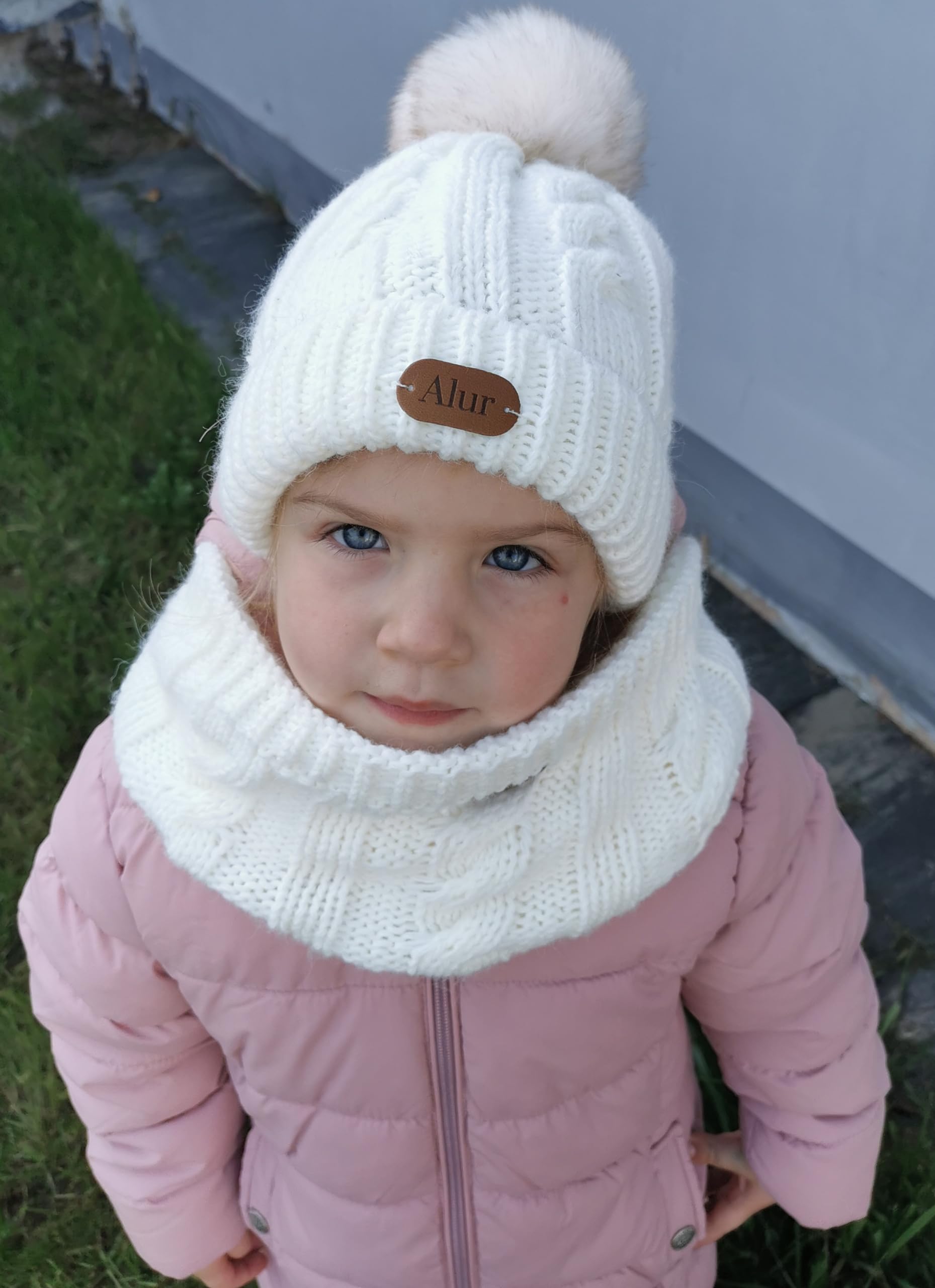 Alur Gorro Invierno Niña y Niño con Bufanda Bebe Cálido - Universal Conjunto Gorro con Pompon y Bufanda Unisex - Suave Gorro y Bufanda de Punto para Niña y Niño (A1)