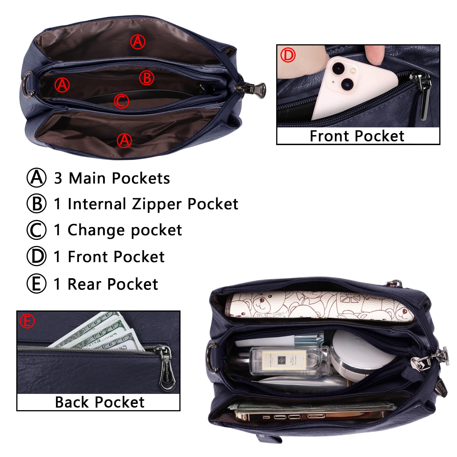 Bolso de piel auténtica para mujer, bolso cruzado de moda y bolso de hombro con 2 correas