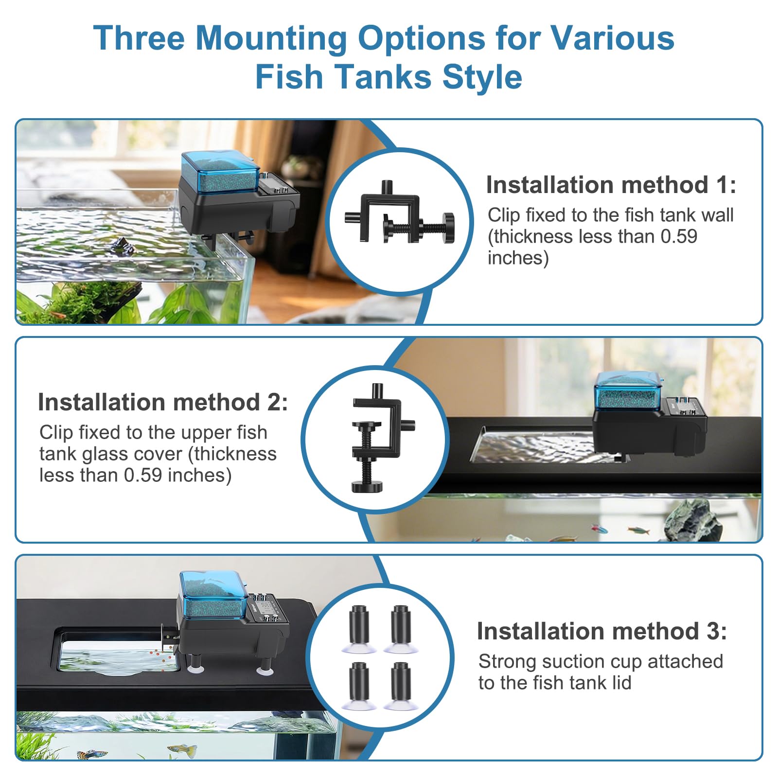 Fishkeeper Alimentador automático de peces recargable, 3 modos de alimentación, dispensador automático de acuario USB para pellets, copos de polvo, con pantalla LCD de batería de litio para vacaciones