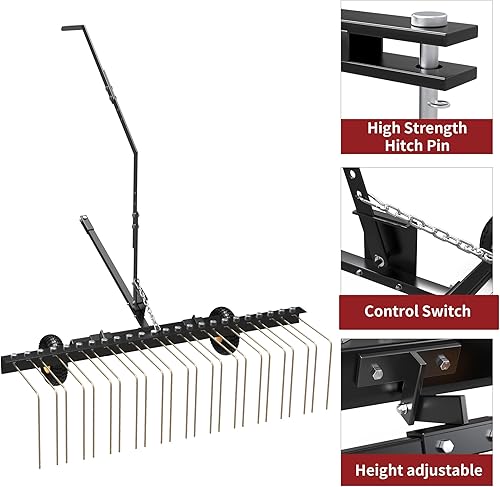 Miniatura 3 de YITAMOTOR Rastrillo de remolque de 60 pulgadas, rastrillo para césped con 24 dientes de acero de resorte y mango de elevación para ATV o tractores
