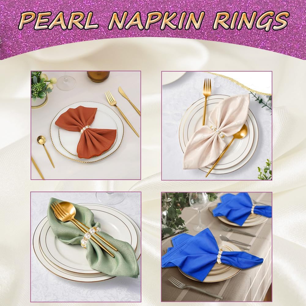 100Pcs Gold Disposable Pearl Napkin Rings, Imitation White Beaded Napkin Rings Holder, White&Gold Beaded Serviette Buckles for Wedding Home Decor Daily Use and Party Supplies