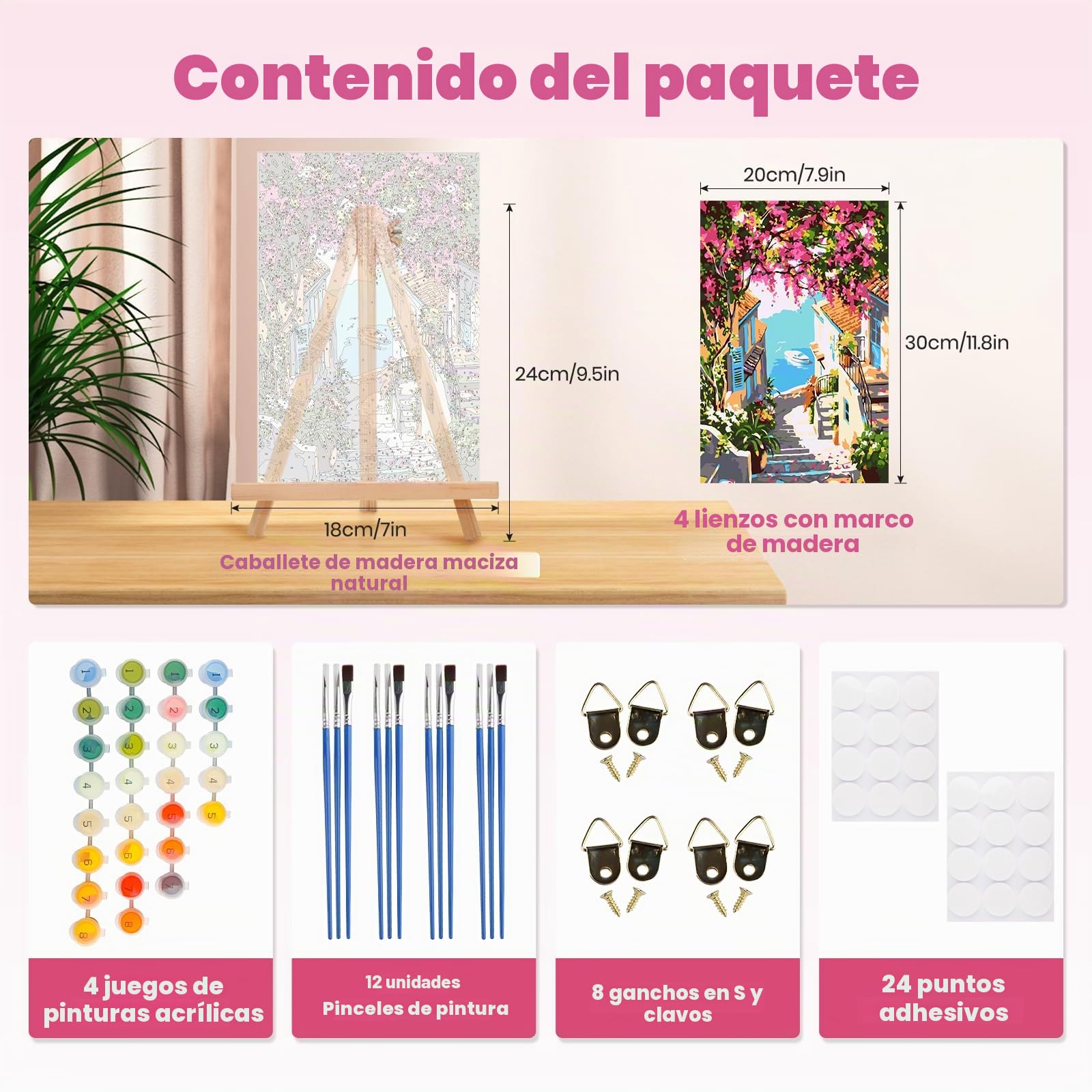 GHHKUD Pintar por Numeros Adultos, Pack 4 Kit de Pintura por Números, con Pinceles, Pigmento Acrílico, Pintura de Dibujo DIY, Paisajes Paint by Numbers Kits 20X30CM, Flower Town