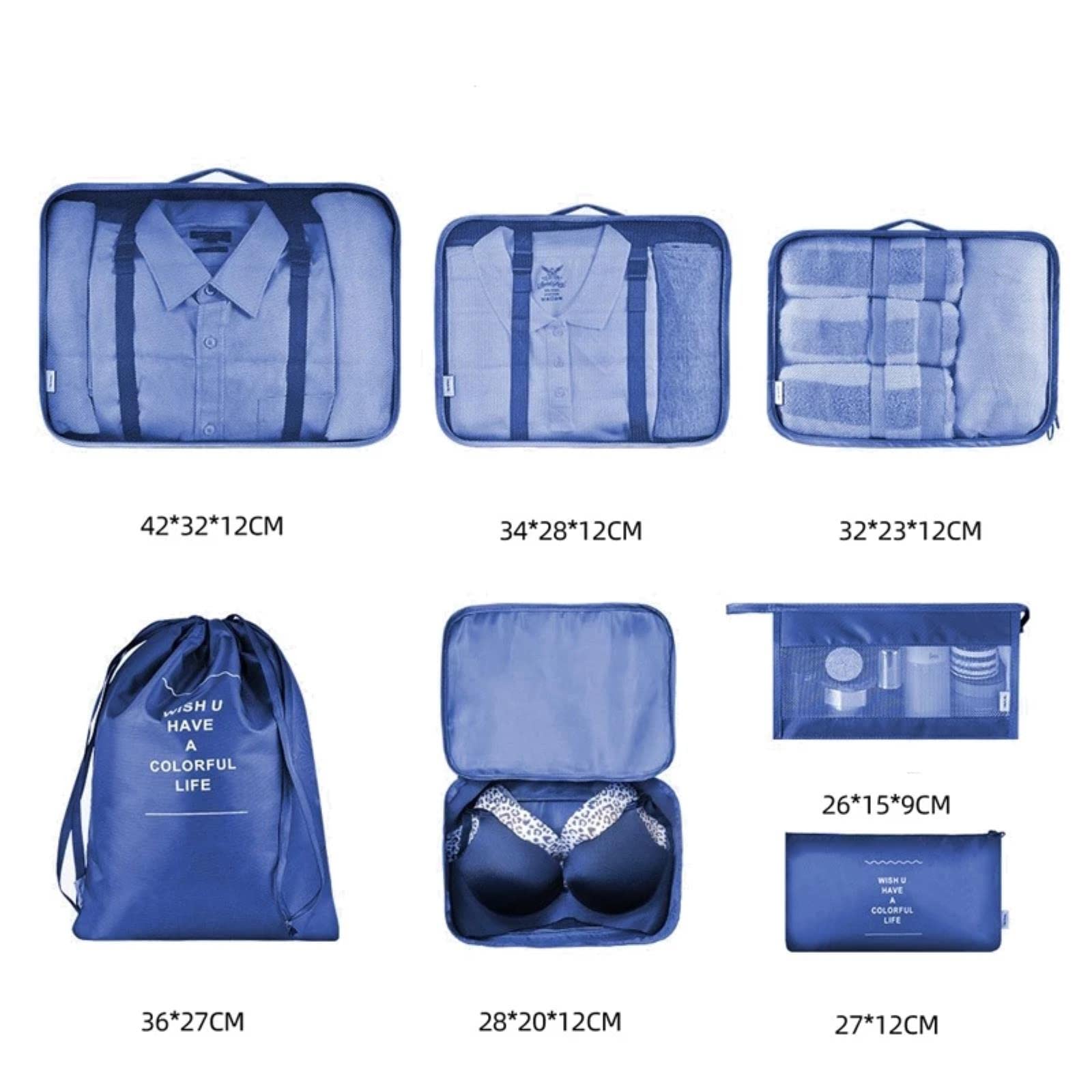 Set da 7 Pezzi Organizzatore da Viaggio Borse portaoggetti Valigia Cubo da imballaggio Bagagli Portatili Custodia per Biancheria Intima-Blu Scuro 7 Pezzi A