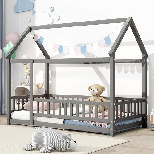 Tatub Cama de piso Montessori con rieles, marco de cama de piso con techo, cama de madera para niñas y niños, tamaño individual, gris