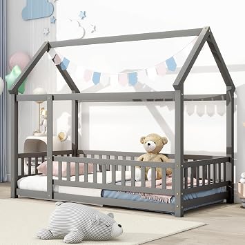 Tatub Twin Montessori House Bed for Kids, Wood House Floor Bed Frame with Rails and Roof, Grey