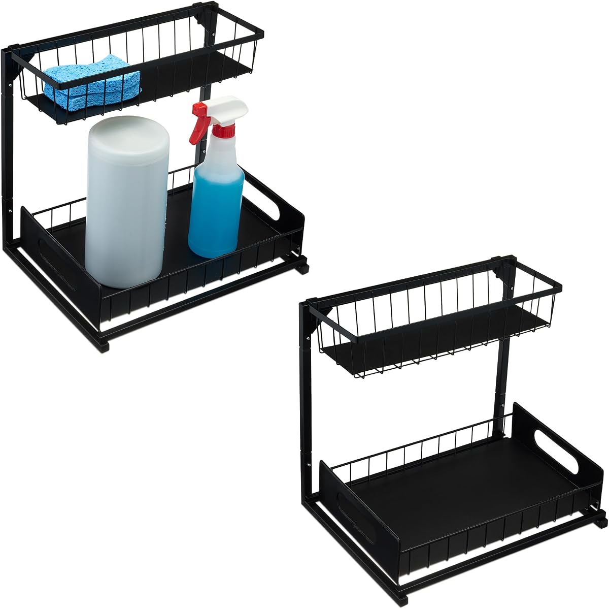 Organizador de gabinete extraíble en forma de L para debajo del fregadero, diseño que ahorra espacio, duradero y resistente al óxido, negro, paquete de 2