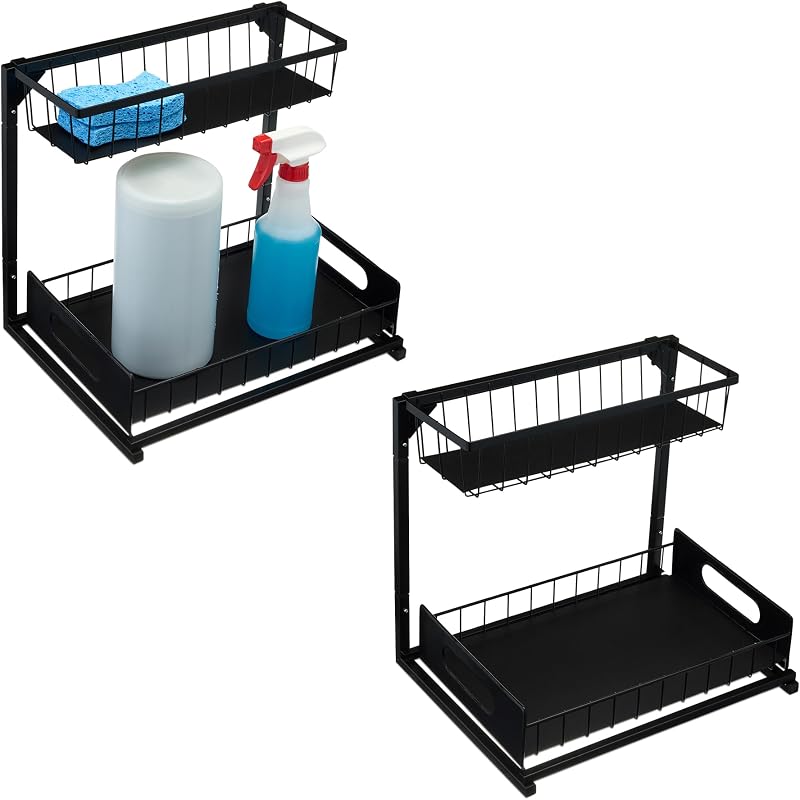 Organizador de gabinete extraíble en forma de L para debajo del fregadero, diseño que ahorra espacio, duradero y resistente al óxido, negro, paquete de 2
