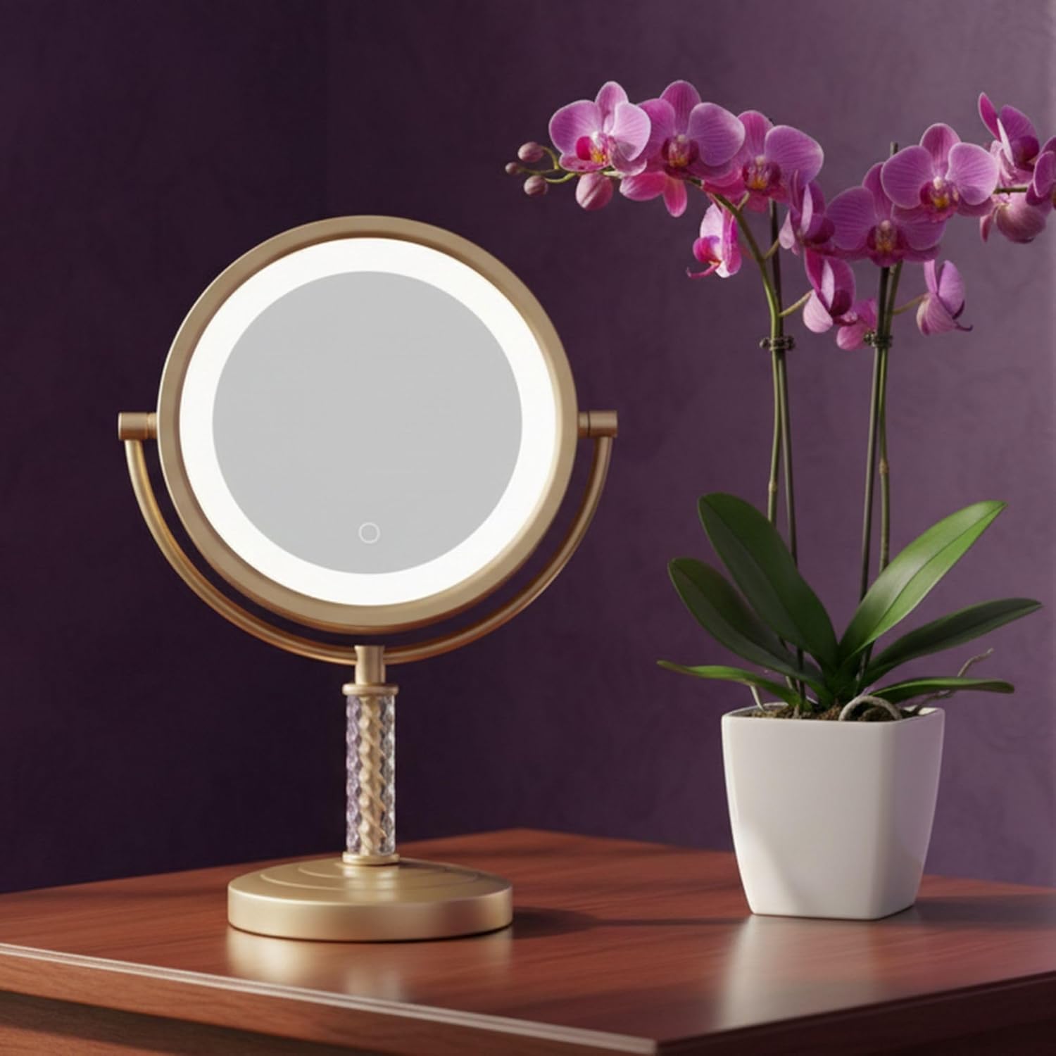 JERDON Lighted Makeup Mirror - 6X Magnifying Tabletop Vanity Mirror for Precision Makeup, Tweezing & Grooming - 8" Soft Gold Finish, 360° Swivel - Model HL856BC
