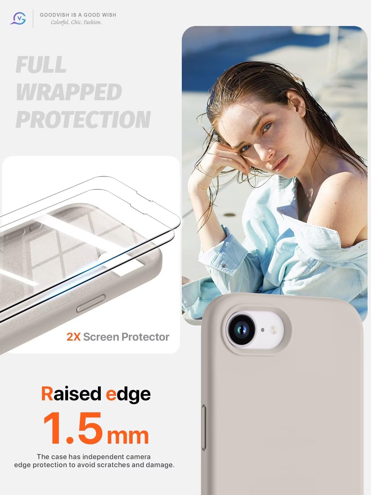 GOODVISH 3 in 1 Silicone Cover per iPhone 16e 6.1", Custodia con 2 Pellicola Vetro Temperato [Protezione Fotocamera] Protezione Anticaduta Case per Cellulare Antiurto Resistente, Grigio Roccia