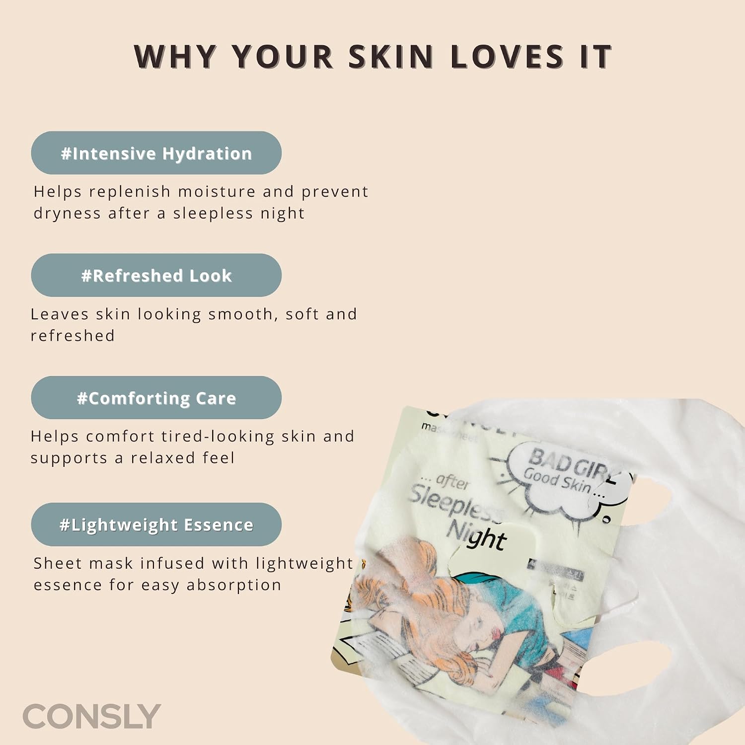 BAD GIRL Korean Sheet Mask Pack – After Sleepless Night | Hydrating & Revitalizing Face Mask | 5 Pack | K-Beauty Skincare | Made in Korea | 23 ml Each