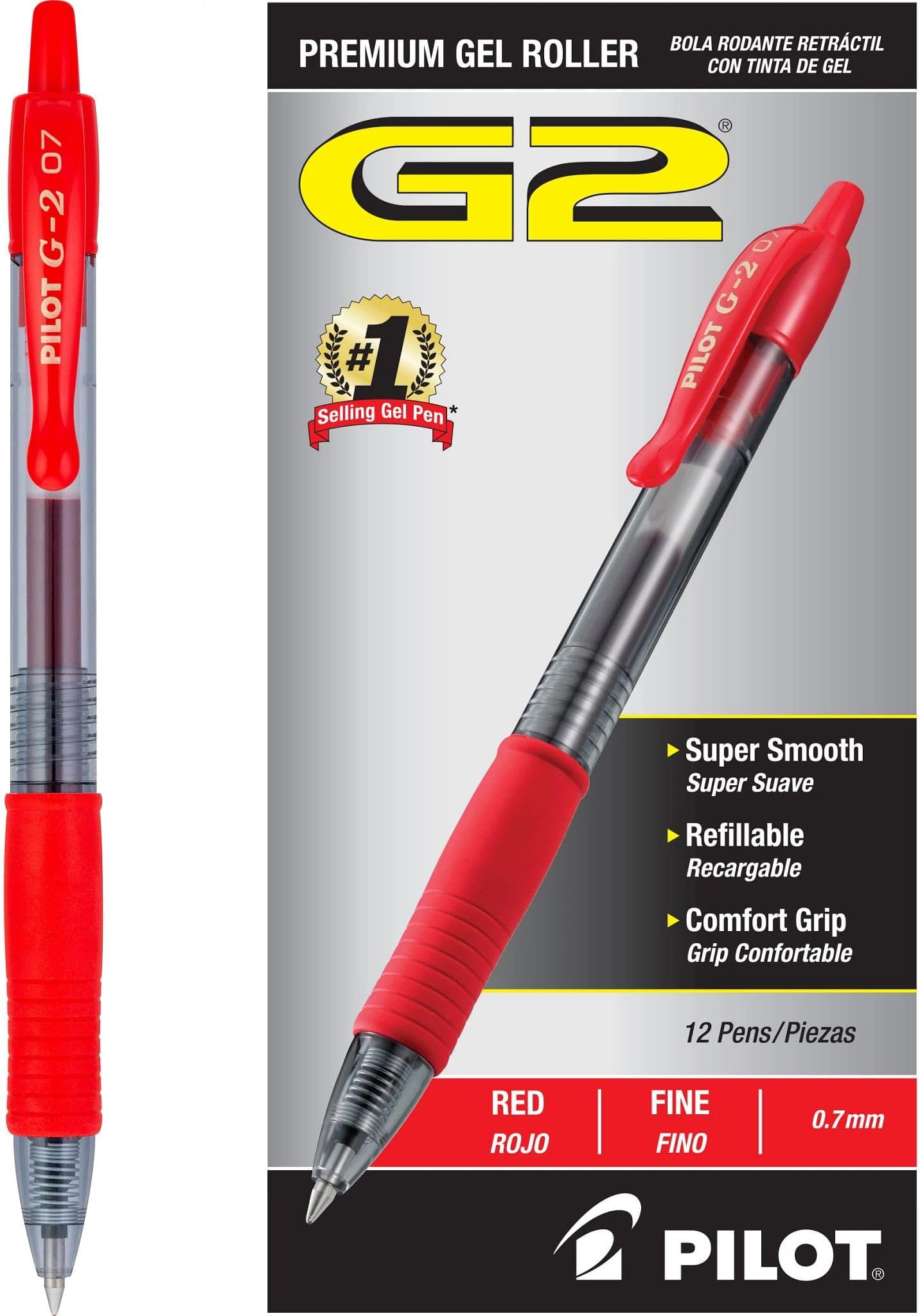 PILOT G2 Premium Refillable and Retractable Rolling Ball Gel Pens, Fine Point, Red Ink, 12-Pack (31022)