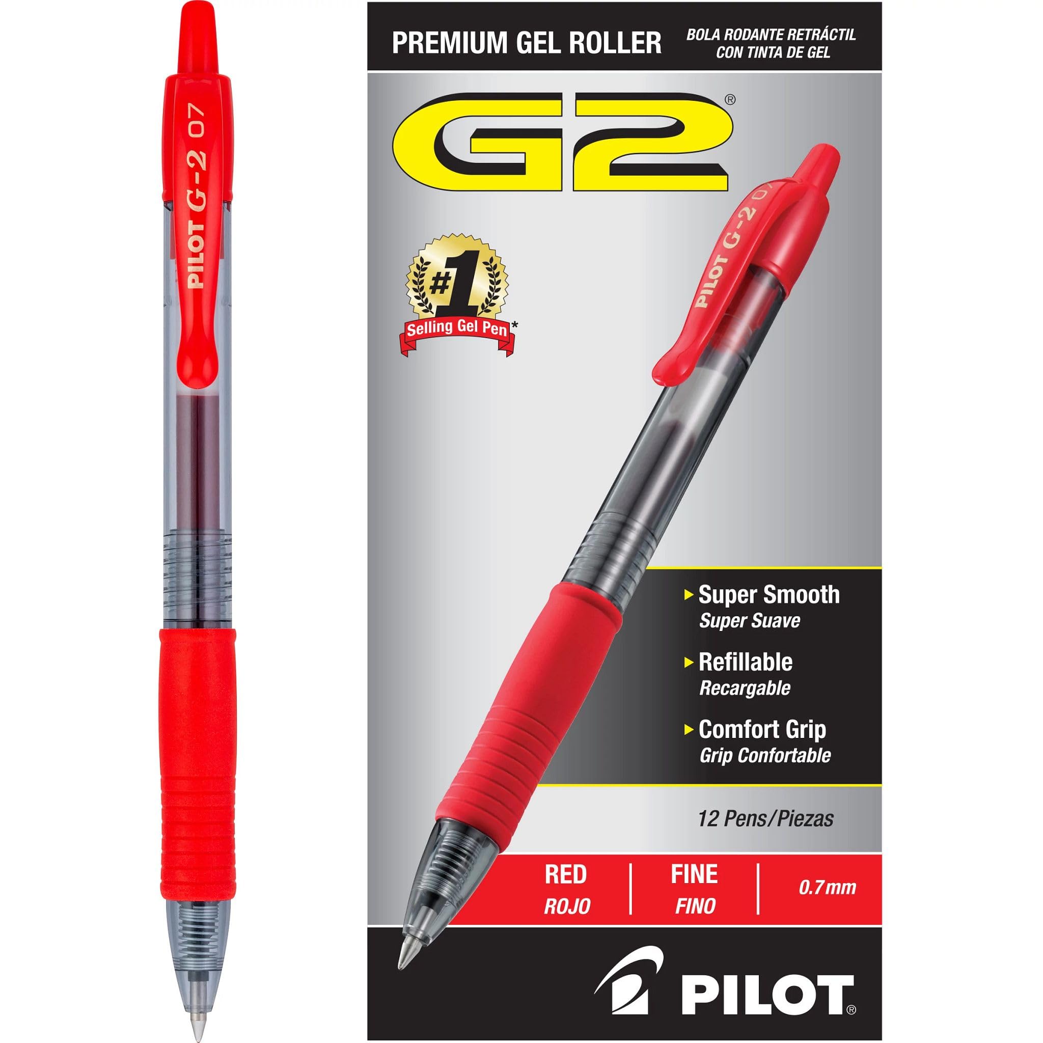 Pilot G2 Premium Gel Roller Pens, Fine Point 0.7 mm, Red Pens, Pack of 12 - Ideal for School, Journaling & Office Writing