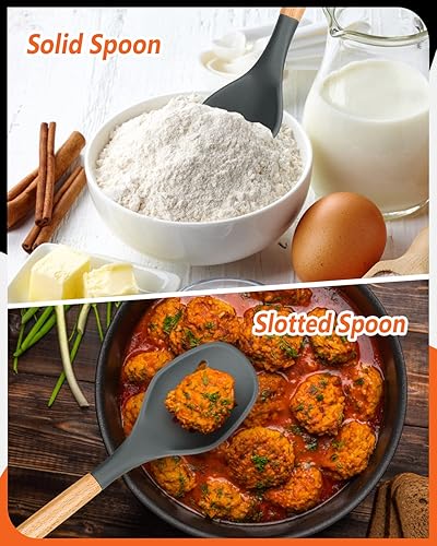 Miniatura 5 de Cucharas de cocina de silicona grandes, paquete de 2 cucharas antiadherentes con mango de madera maciza y ranurada, cucharas de cocina de silicona