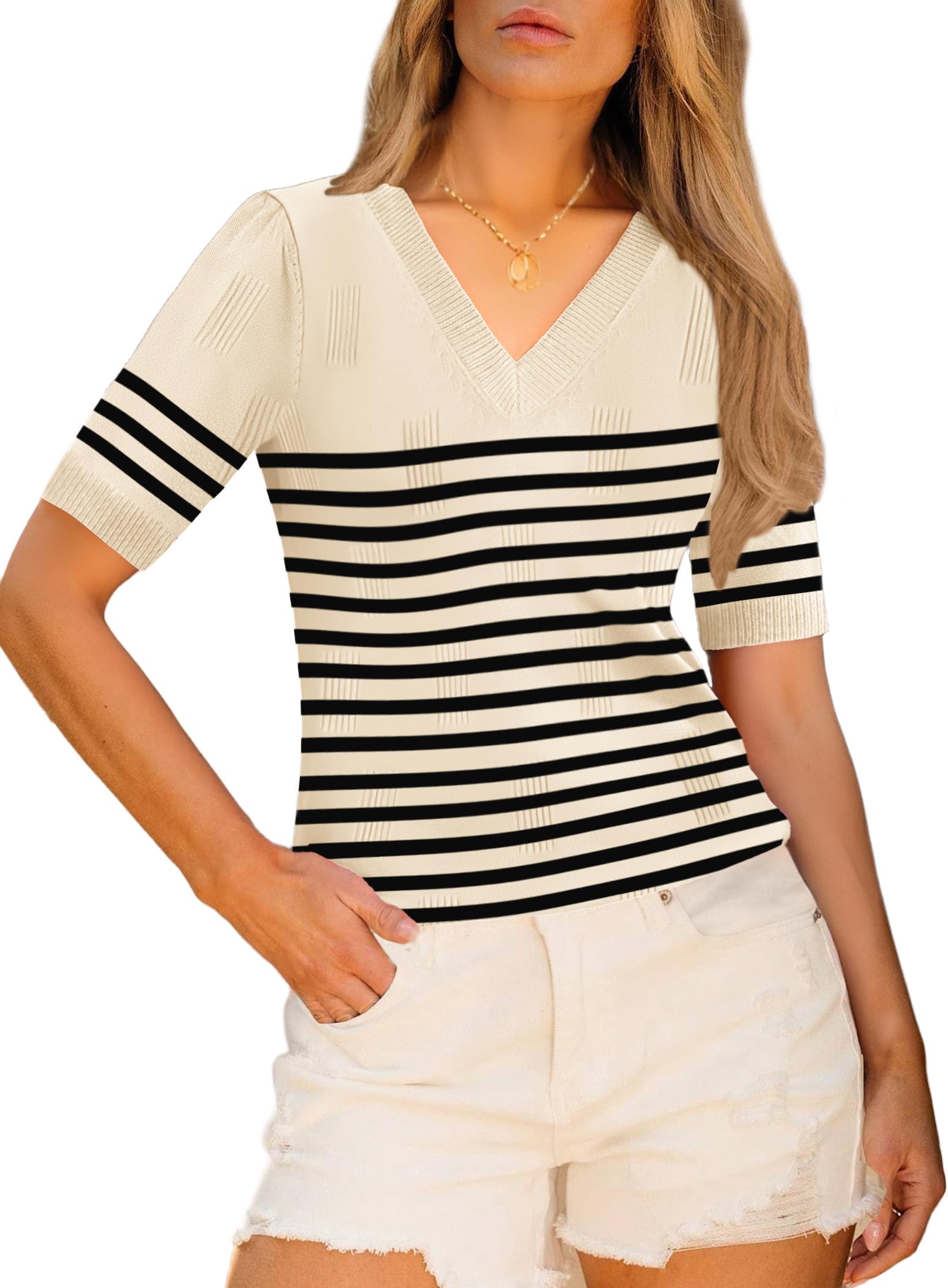 Womens Short Sleeve Sweaters Soft Casual V Neck Pullover Tops Lightweight Knit Sweater Blouse