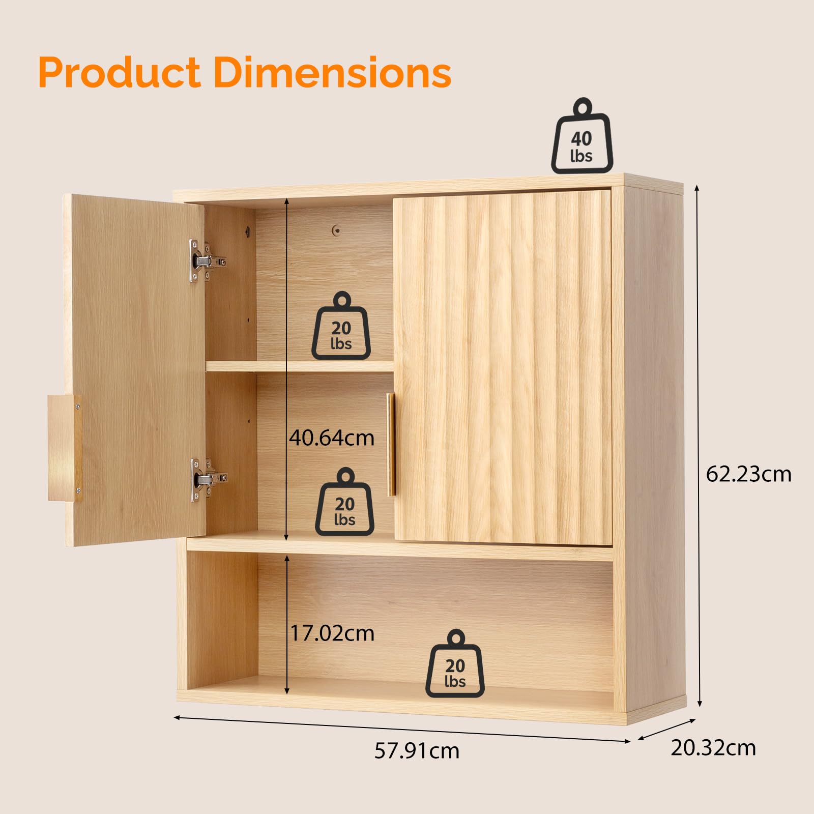 Bonnlo Armoire Murale de Salle de Bain en Chêne, 2 Portes et 3 Étagères de Rangement, 58 x 20 x 62 cm, Meuble de Rangement Suspendu pour Salle de Bain, Cuisine, Salon