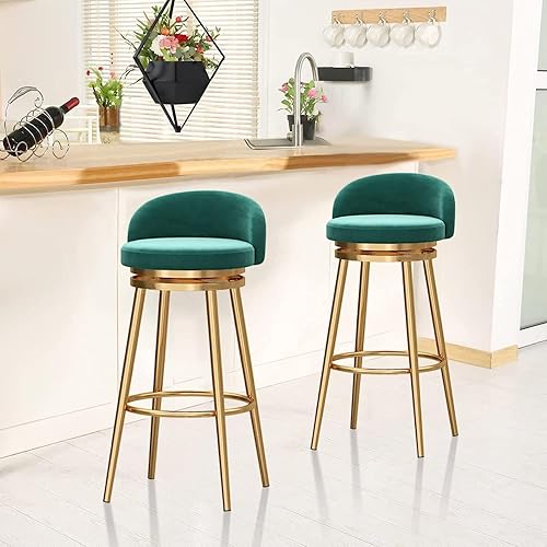 Miniatura 2 de Juego de taburetes de bar giratorios Verdes modernos con respaldo y reposapiés, sillas de cocina ajustables para comedor en isla.