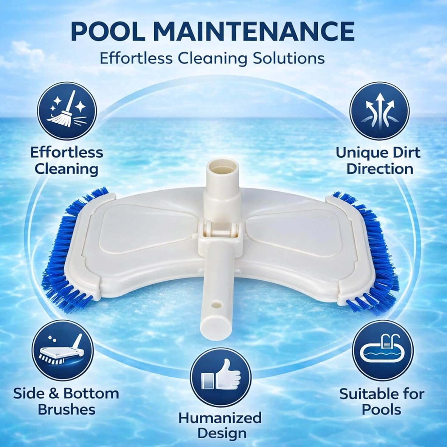 Swimming Pool Suction Vacuum Head Cleaner Tool, Durable ABS, 14.2 Inch with Brush - Efficient Dirt Removal, Side and Bottom Brushes, Easy Operation for Above Ground Pools