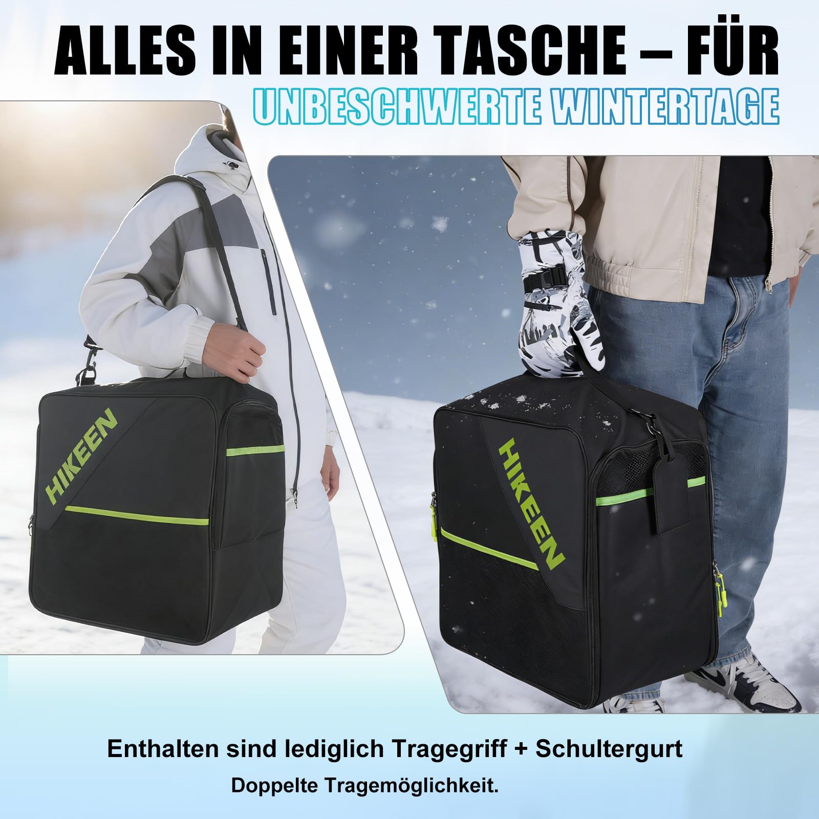 Hikeen Skischuhtasche mit Helmfach: Tasche Skischuhe Helm mit Mesh-Lüftungssystem Schischuhtasche Weitem Öffnungseinsatz und Eva-Einlage, Skischuh Tasche mit Schultergurte Geschenk–40L