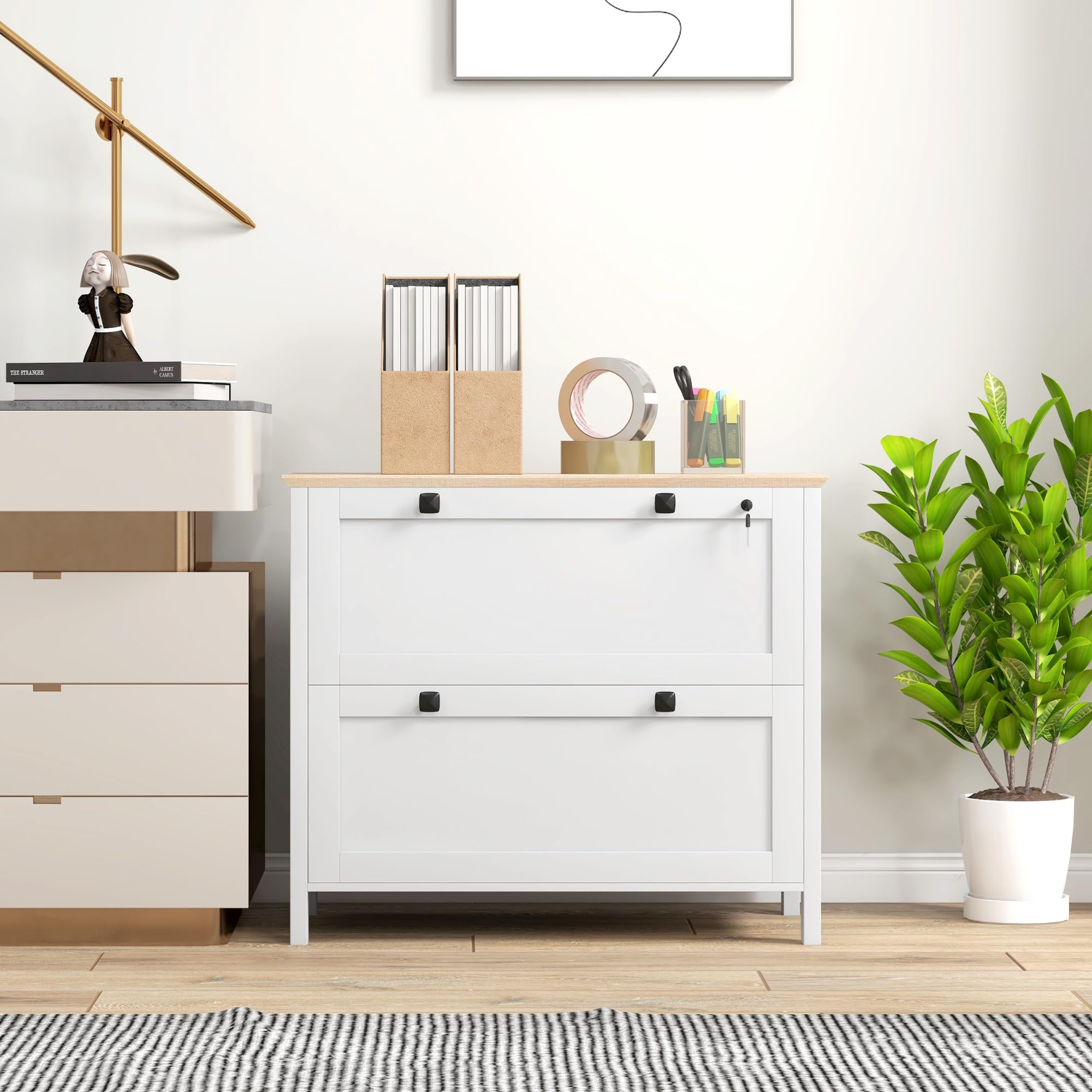 HOMCOM Cajonera de Oficina Mueble Archivador con 2 Cajones 2 Barras para Colgar 2 Llaves y Cerradura para Papel Tamaño A4 para Estudio Sala de Estar 79x40x72 cm Roble y Blanco