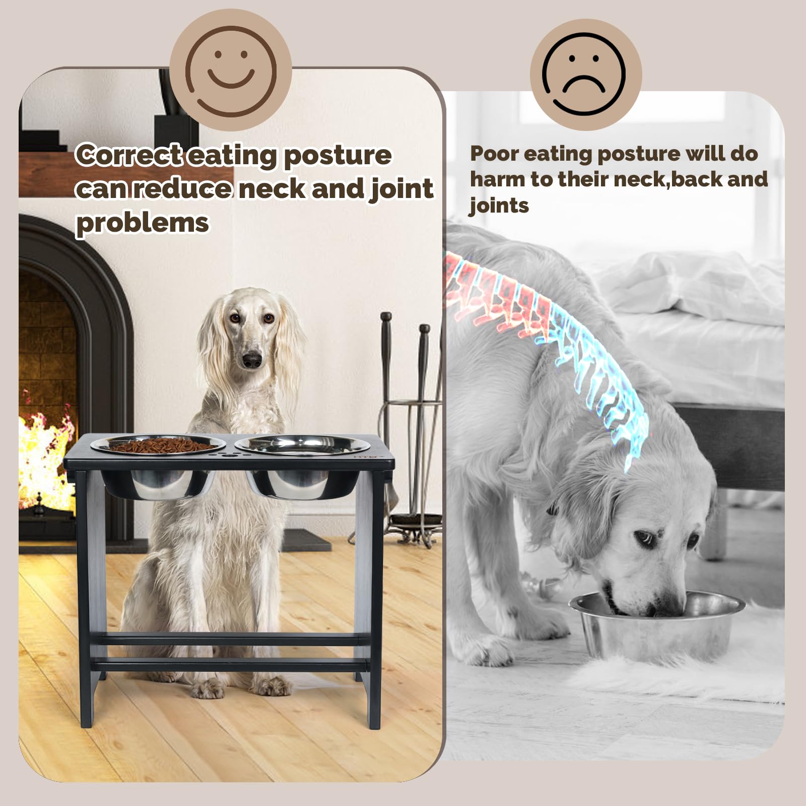 HTB Cuencos elevados extragrandes para perros con soporte, cuencos elevados de bambú para perros grandes, medianos y pequeños, comedero de bambú para mascotas con 2 cuencos de acero inoxidable, 43,99