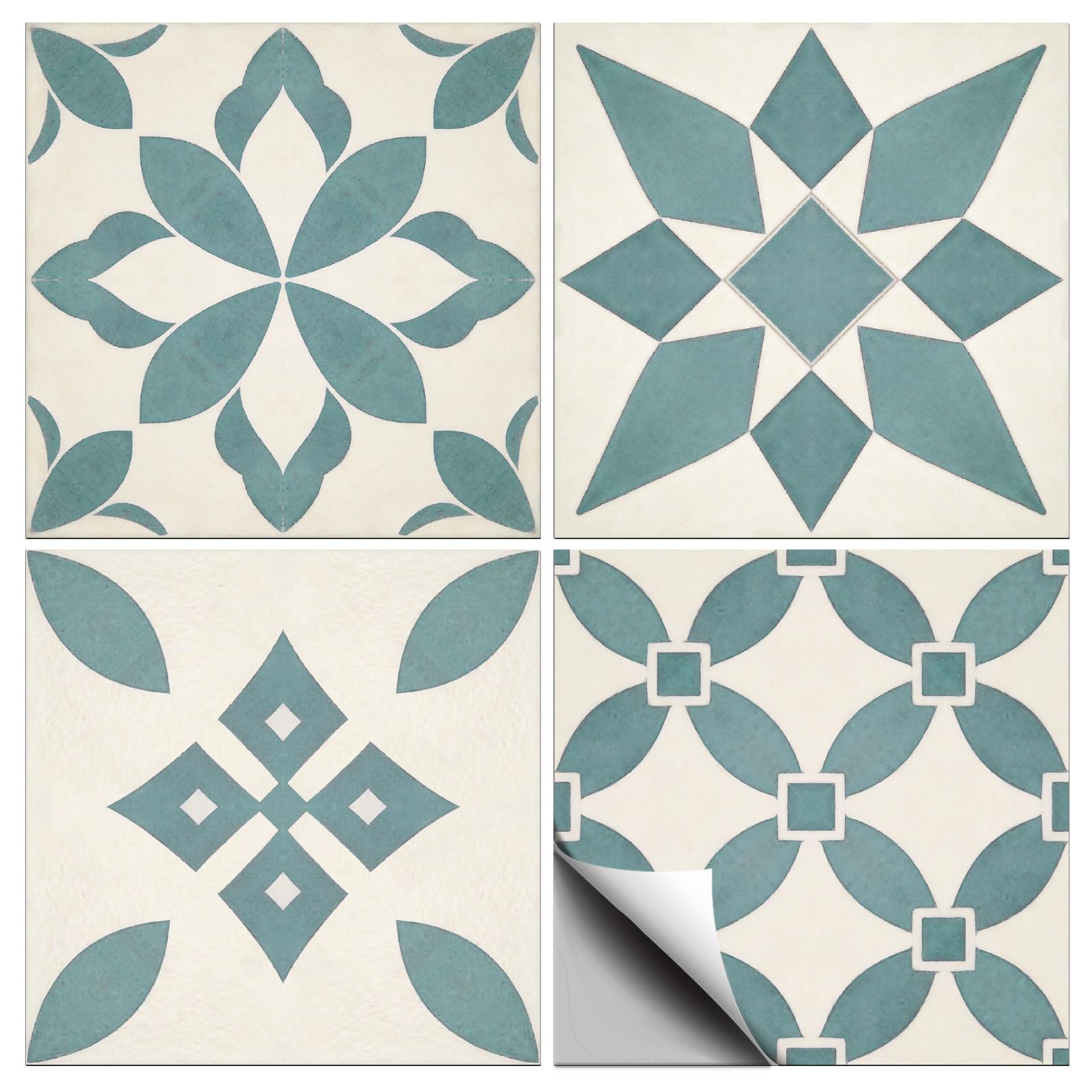 CONCHLERY 36 Pcs 4 Styles Retro Blue Green Geometric Pattern Peel and Stick Tile Stickers Waterproof Self Adhesive Decals, for Kitchen Bathroom Home Wall Art Decor 4x4 Inch