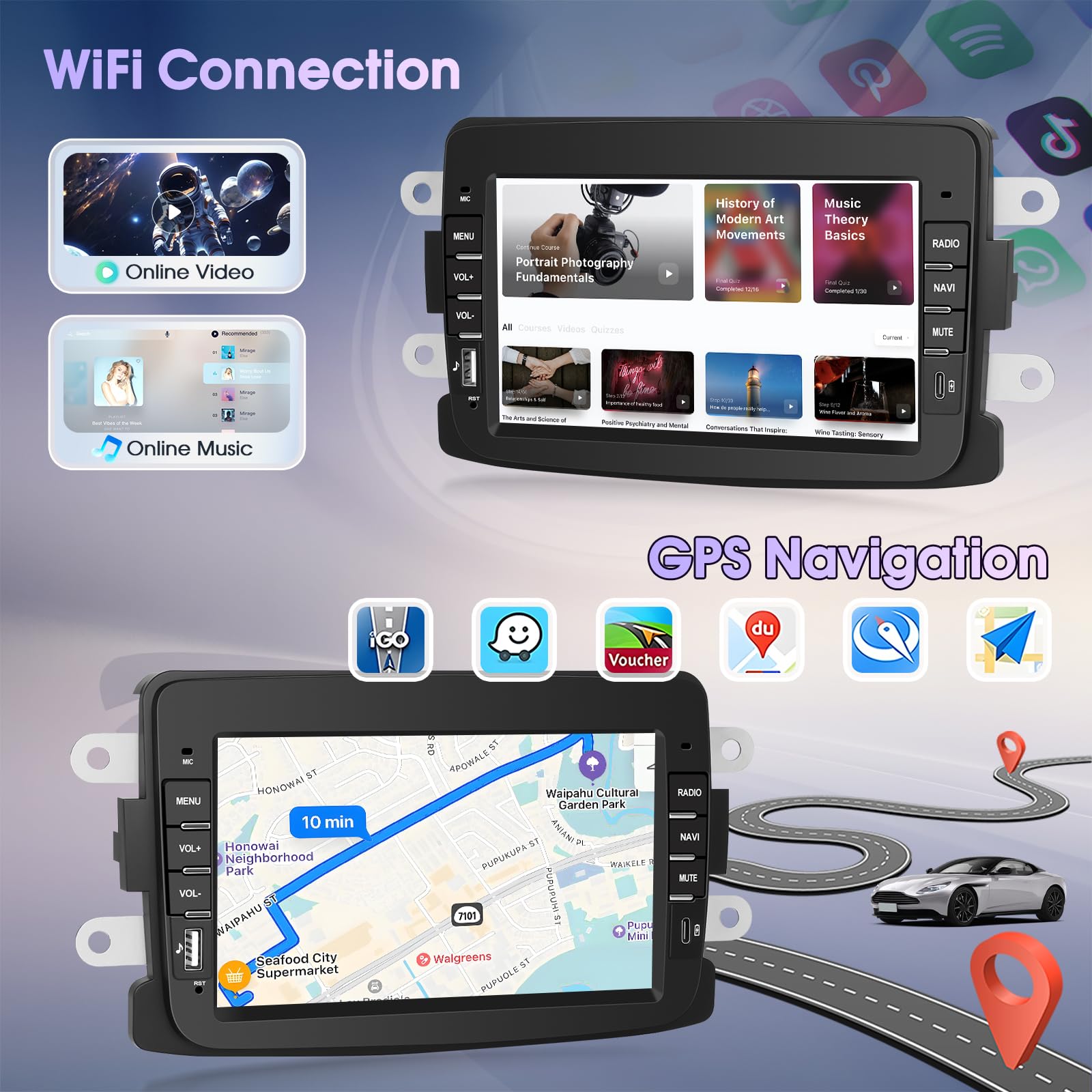 Autoradio 4+64G Android 15 per Dacia Logon Duster Captur Sandero Symbol Lodgy LadaXray, 1 DIN 7'' Stereo Radio Bluetooth 5.0 IOS Carplay Android Auto Radio EQ GPS WiFi Supporto DAB