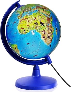 Işıklı Dünya Küresi Fiziki Hayvanlı Büyük Boy 26 Cm Çap -36 Cm Yükseklik- Eğitici Yer Küre, Mavi