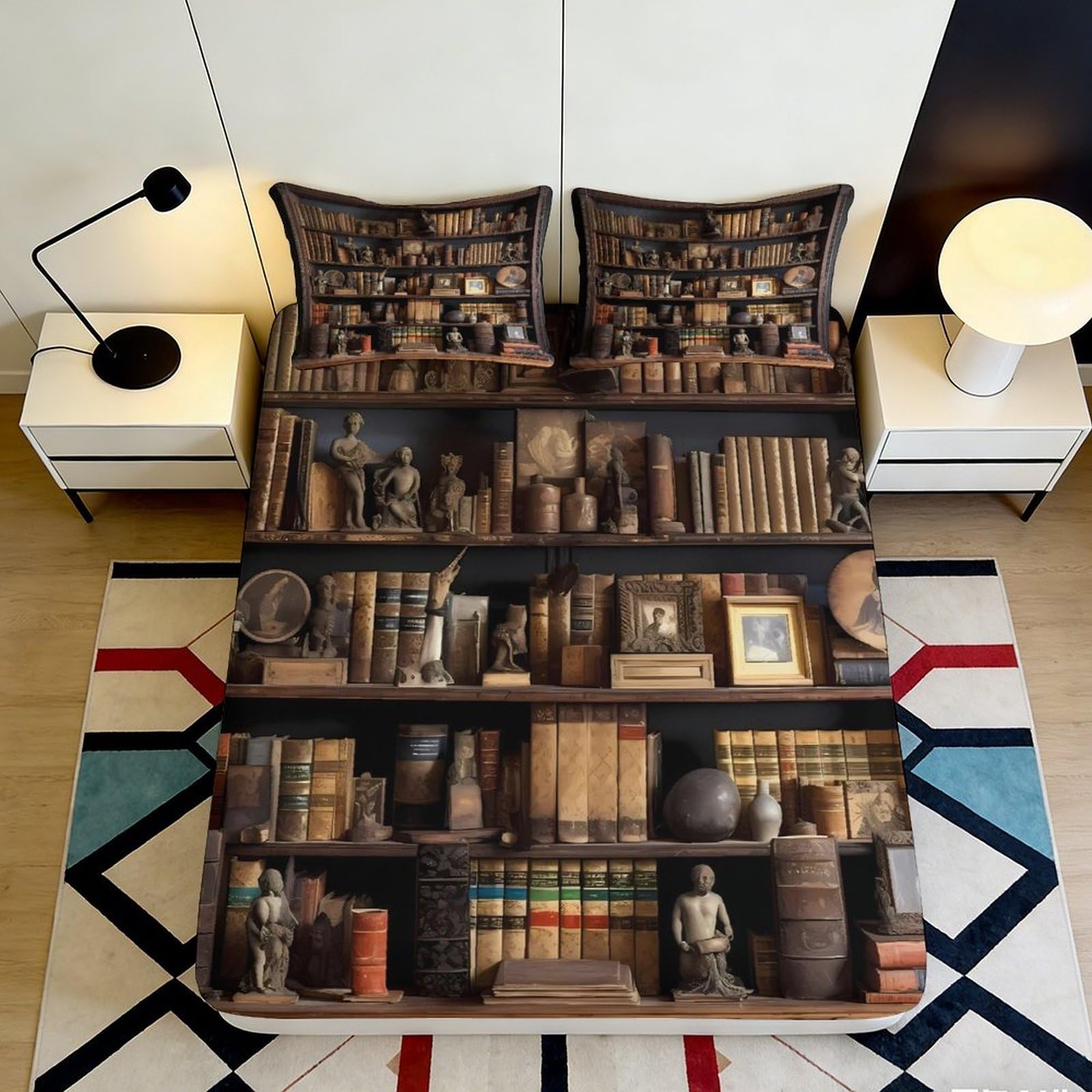 3D Printed Vintage Bookshelf Fitted Sheet Microfiber Non-slip Library Decor Bookcase Mattress Cover for Bedroom Guest Room 140x200x25cm