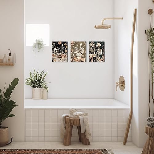 Miniatura 4 de FuShvre Decoración de esqueleto para baño, cuadros artísticos de pared de esqueleto Moody para baño, pintura gótica para decoración del hogar,