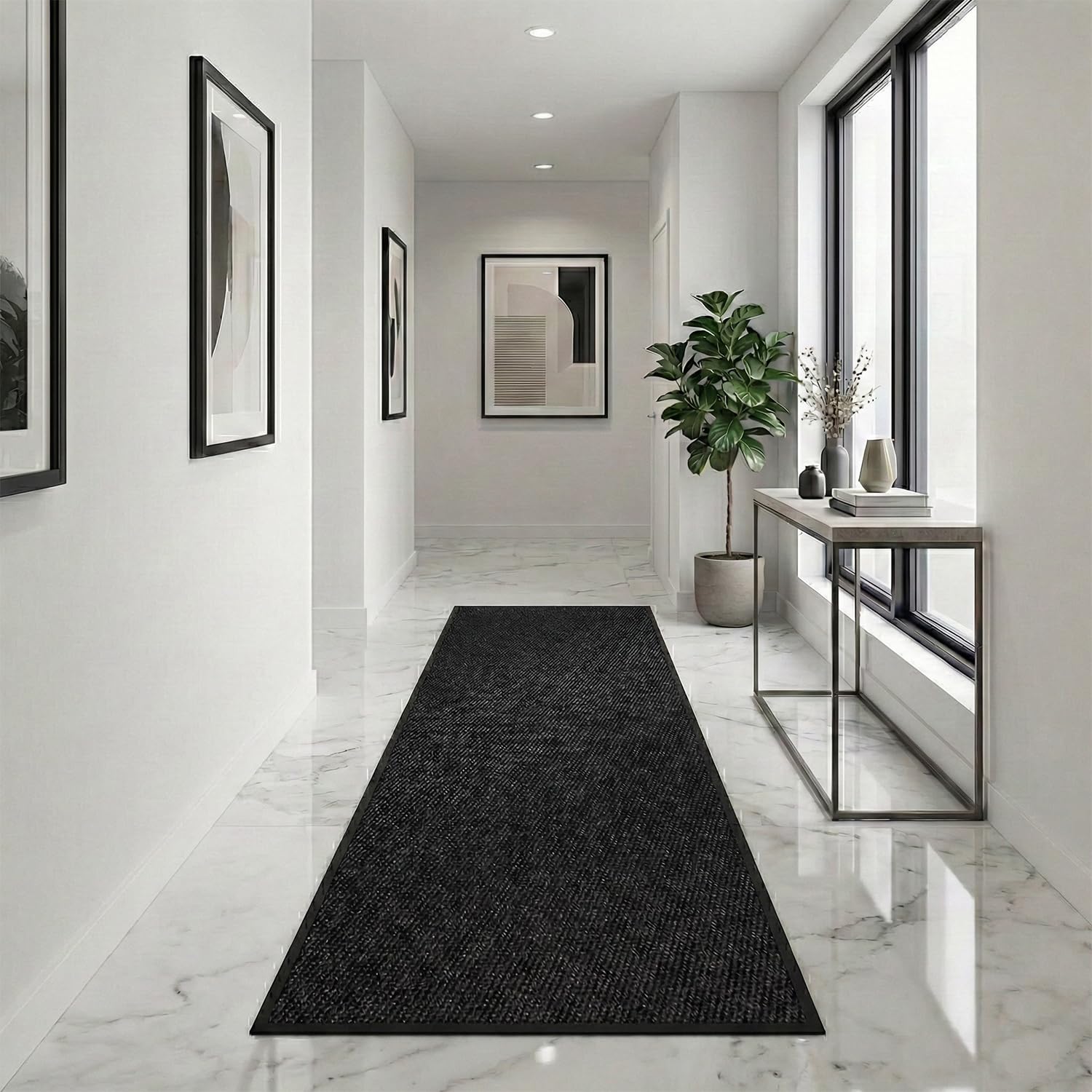 Fit Even Sunny Indoor & Outdoor Runner Rug – Machine Washable Non-Slip Rubber Backed Entrance Mat, Long Waterproof Mats for Hallway, Front Entrance, Kitchen, Patio or Garden - (Black, 60x180 cm) — image 1