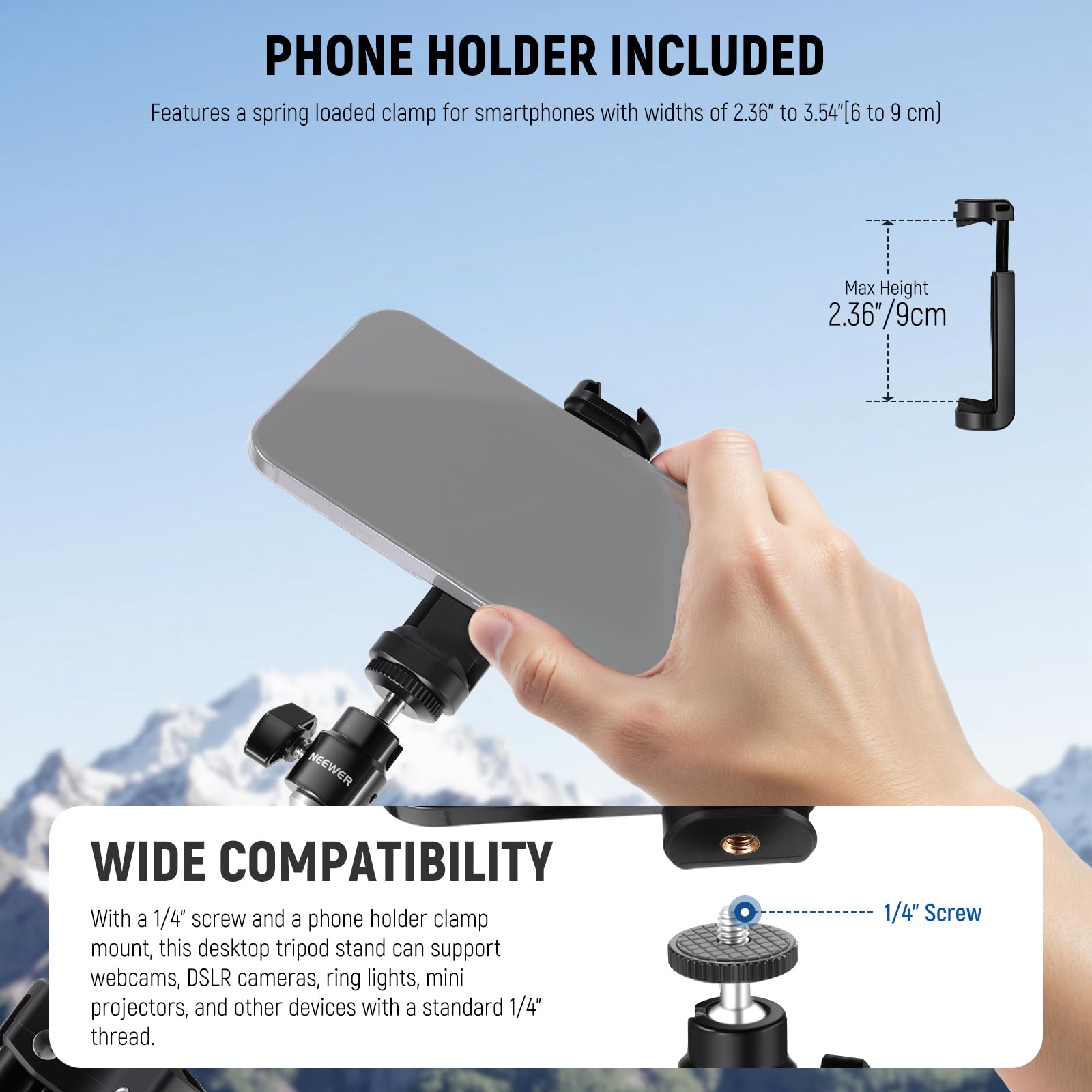 NEEWER Webcam Stativ für Schreibtisch, Mini Tischstativ mit Handyhalterung, kompatibel mit Logitech Anker Emeet Webcam, Ringlicht für Videoaufnahmen, Live Streaming, maximale Tragkraft 1kg, ST45B