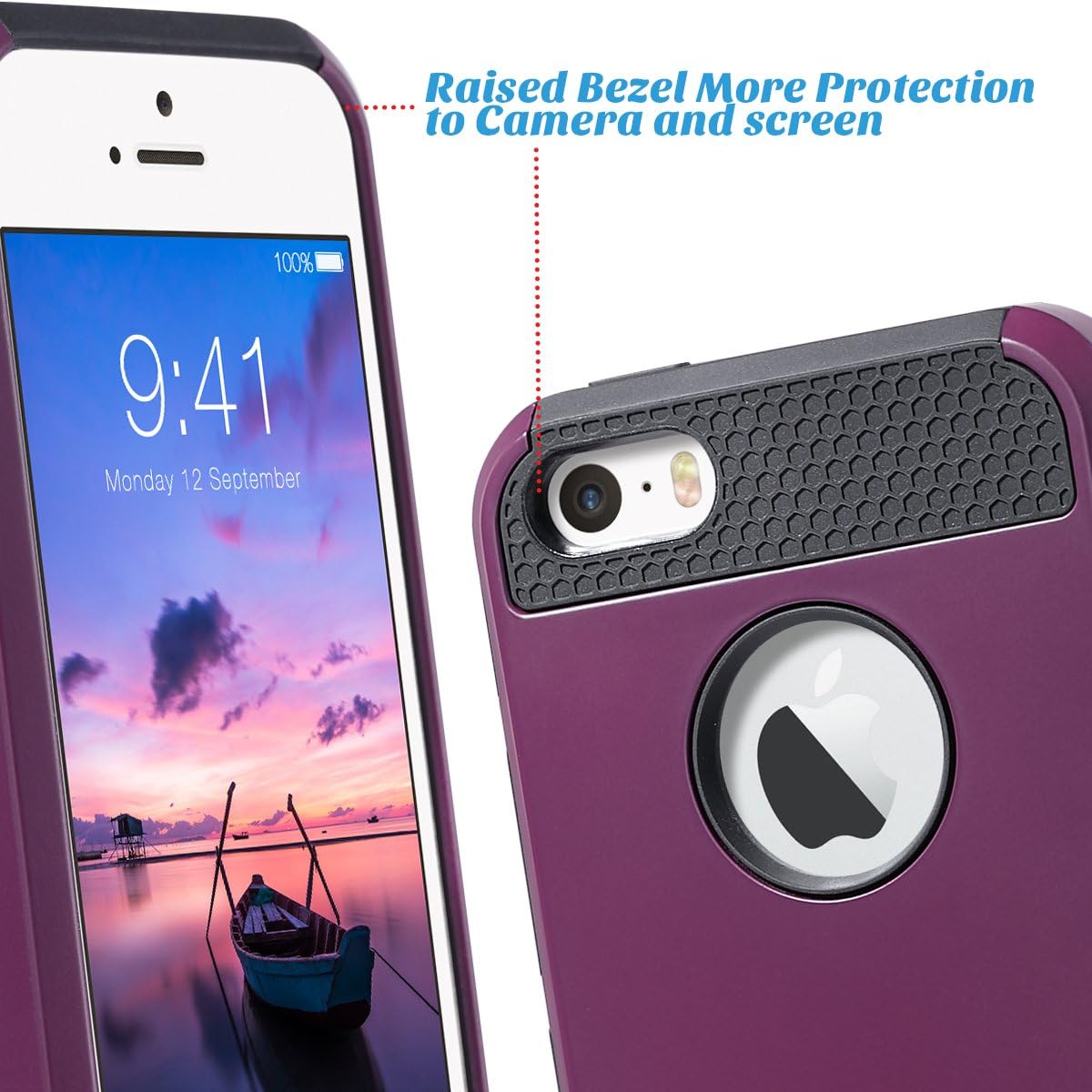 ULAK iPhone 5S Case, iPhone 5 Case, iPhone SE Case,Slim Fit Dual Layer Protection Case Shock Absorbing Hard Rugged Ultra Protective Back Rubber Cover with Impact Protection(Burgundy Wine+Black)
