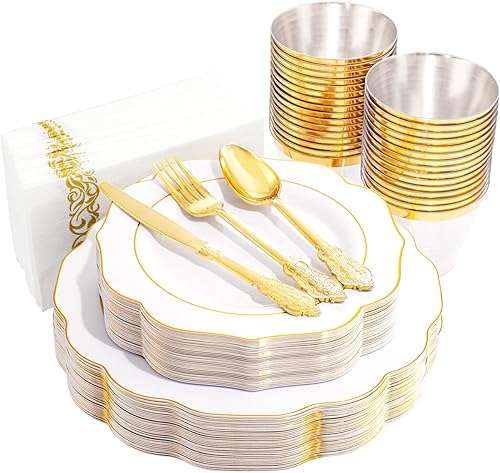 NOCCUR 175 platos de plástico dorado con cubiertos desechables. La vajilla de plástico dorado incluye 25 platos de cena, 25 platos de postre, 25