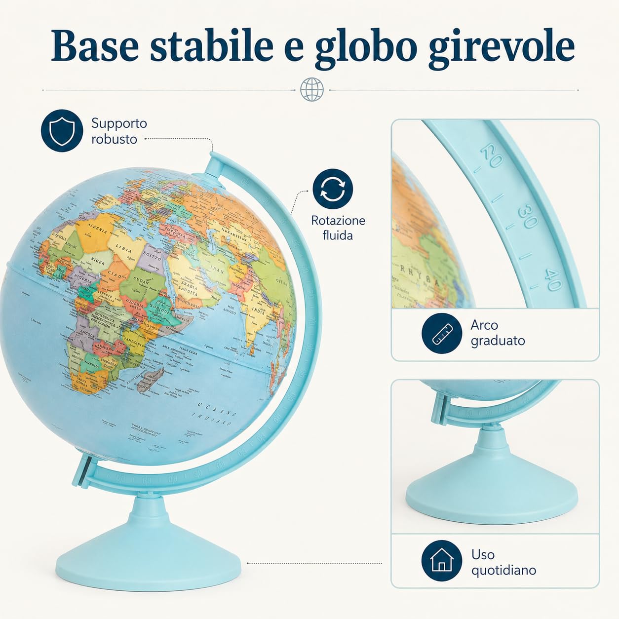 Mappamondo 30 cm con Mappa Italiana e Base Azzurra Girevole | Globo da scrivania con arco coordinato lettura chiara per scuola casa studio bambini studenti e appassionati