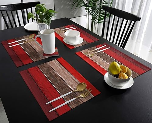 Vista 24 de Vandarllin Juego de 6 manteles individuales retro con textura de madera rústica de poliéster, resistentes a las manchas, manteles individuales Rayas