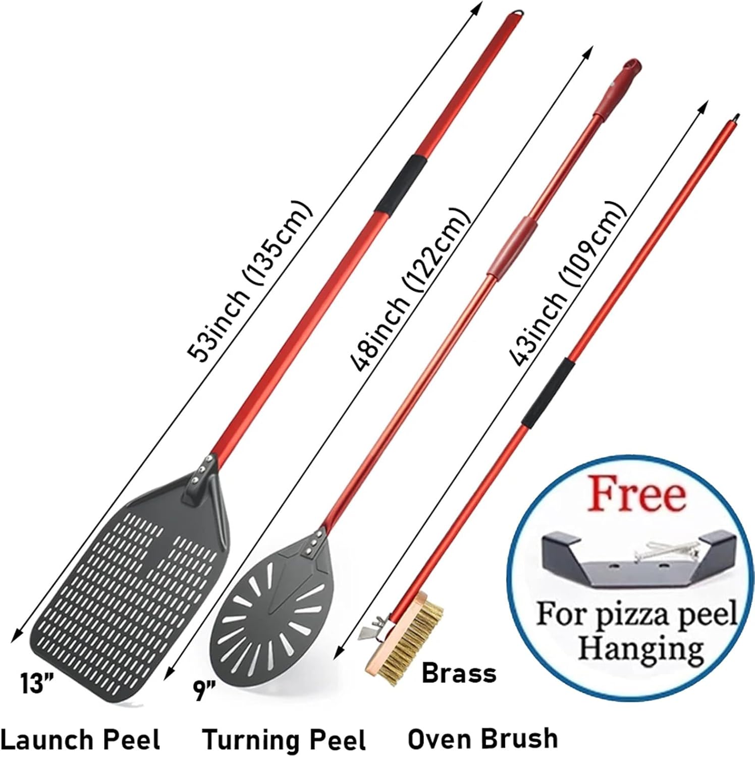Perforated 13" Square Pizza Peel, 9" Round Spatula, 43" Copper Brush With Scraper, Oven Tool 3 Piece Set, Long Red Handle, Compatible With All Oven, Hook